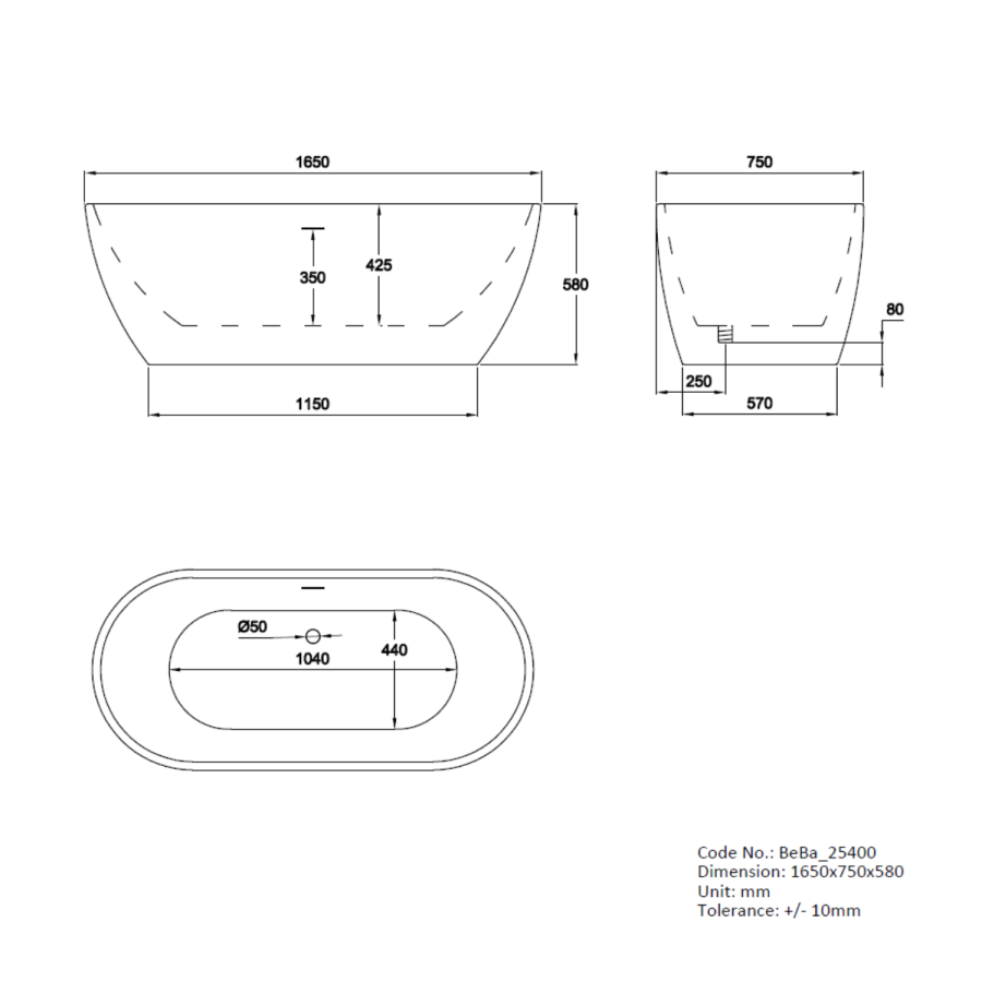 GRADE A2 - Matt White Freestanding Double Ended Bath 1645 x 745mm - Lisbon