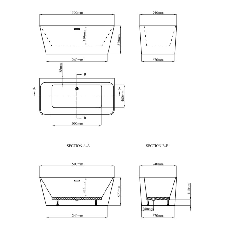 Freestanding Double Ended Back to Wall Bath 1500 x 740mm - Oslo