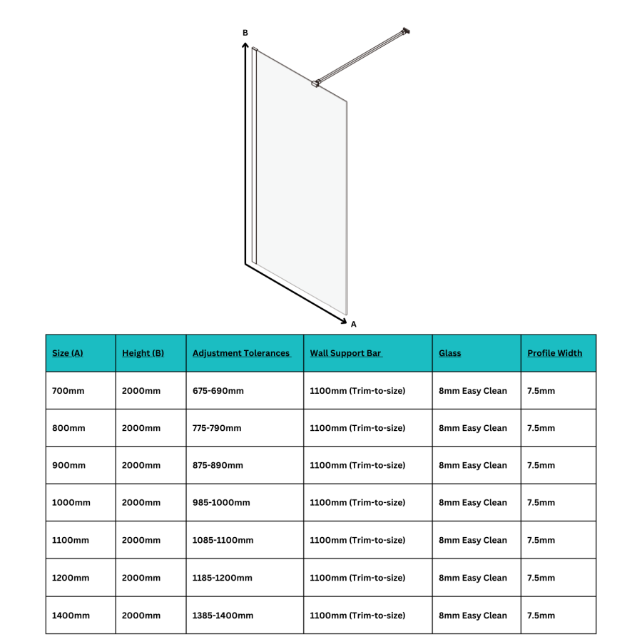 800mm Chrome Shower Screen for Wetroom & Walk In Shower - Corvus