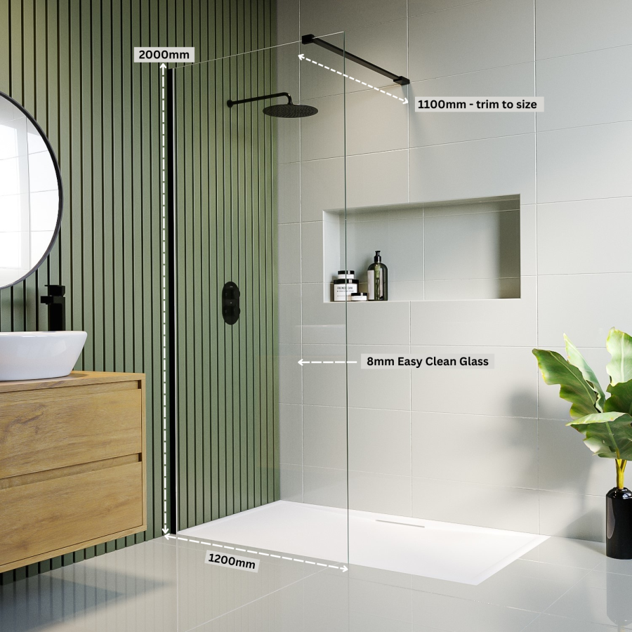 GRADE A2 - 1200mm Black Frameless Wet Room Shower Screen - Corvus