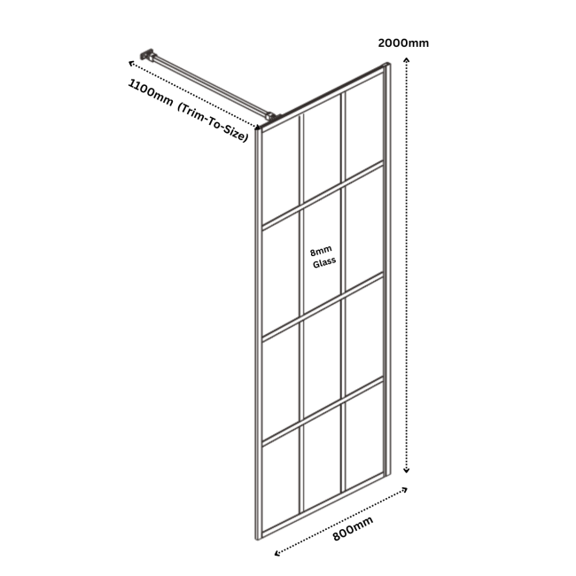 800mm Black Grid Shower Screen for Wetroom & Walk In Shower - Nova