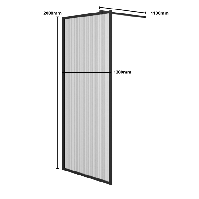 1200mm Black Fluted Glass Wet Room Shower Screen - Volan