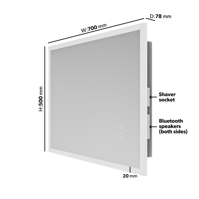 Rectangular Heated Bathroom Mirror with Lights Shaver Socket & Bluetooth Speaker 700 x 500mm - Divine