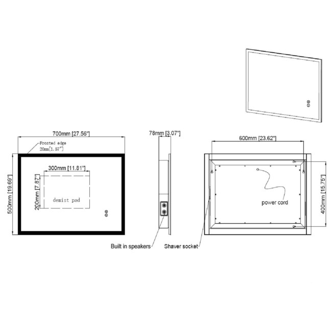 Rectangular Heated Bathroom Mirror with Lights Shaver Socket & Bluetooth Speaker 700 x 500mm - Divine