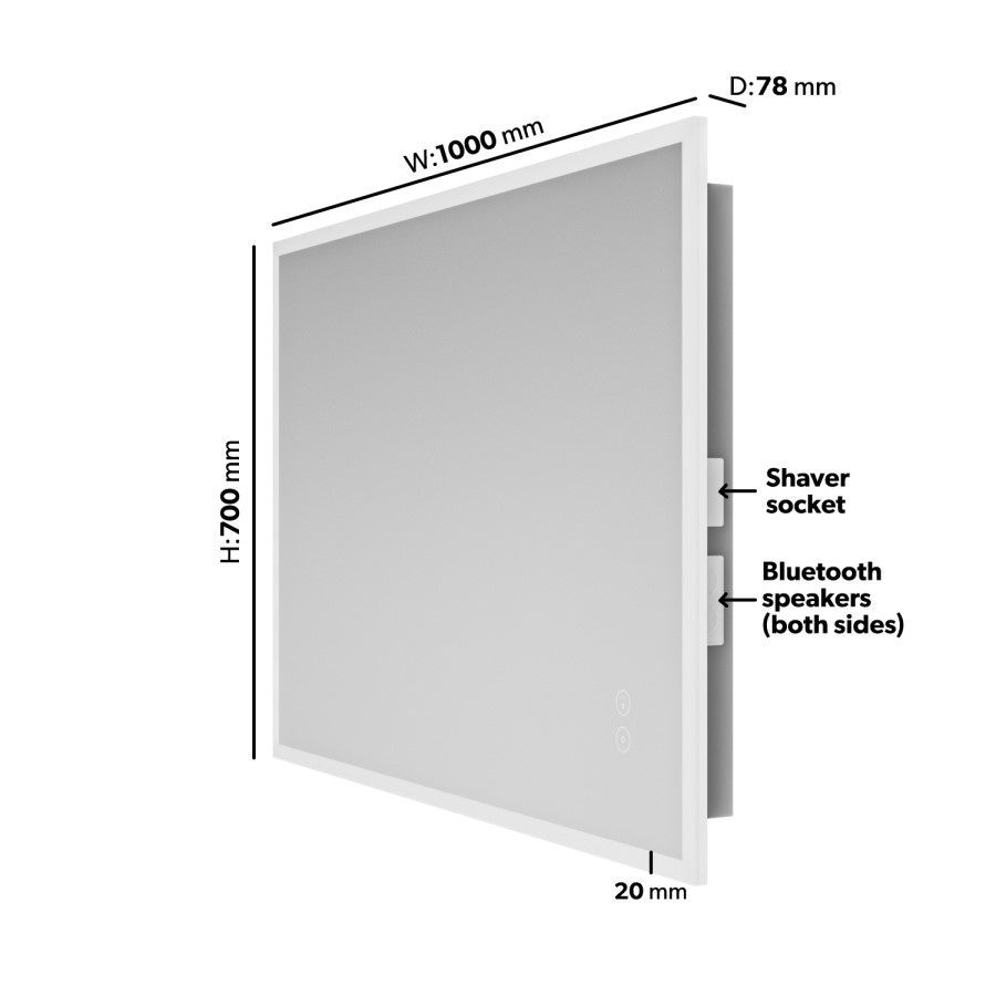 GRADE A1 - Rectangular LED Bathroom Mirror with Bluetooth & Shaver Socket 1000 x 700mm - Divine