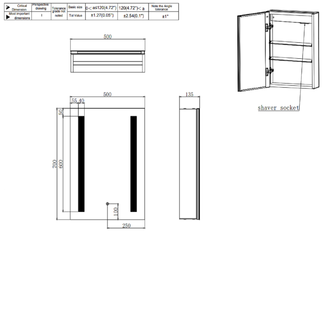 Single Door Chrome Mirrored Bathroom Cabinet with Lights 500 x 700mm - Capricorn