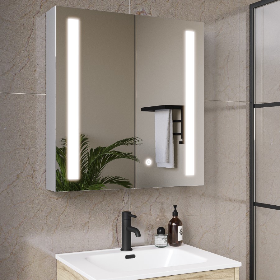 GRADE A2 - Double Door Chrome Mirrored Bathroom Cabinet with Lights 800 x 700mm - Capricorn