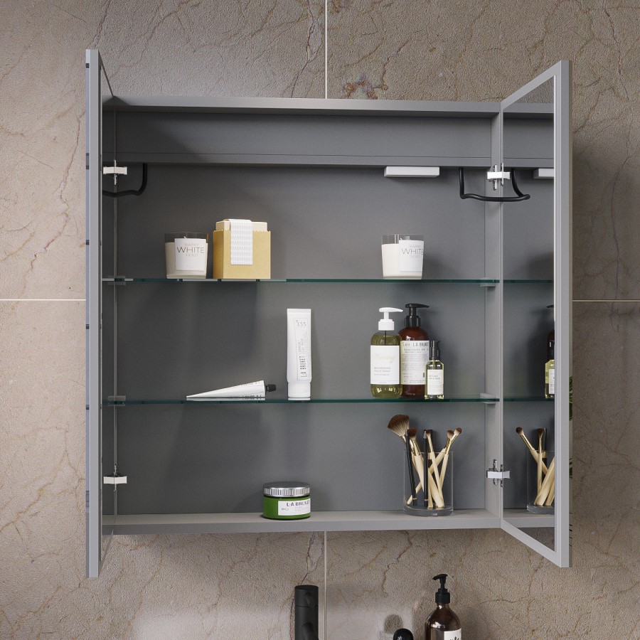 GRADE A2 - Double Door Chrome Mirrored Bathroom Cabinet with Lights 800 x 700mm - Capricorn