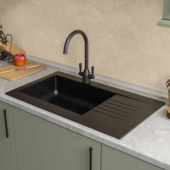 GRADE A1 - Single Bowl Black Composite Kitchen Sink with Reversible Drainer - Essence Amelia