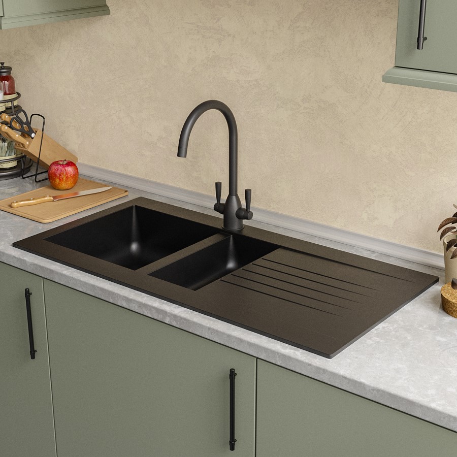 GRADE A2 - 1.5 Bowl Black Composite Kitchen Sink with Reversible Drainer - Essence Amelia