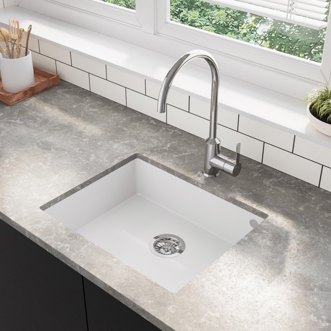 GRADE A1 - Single Bowl Undermount White Granite Composite Kitchen Sink - Enza Madison