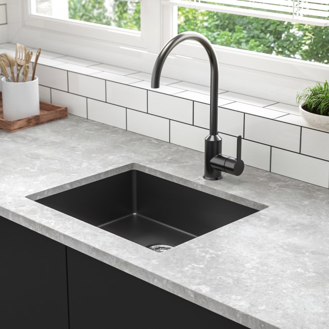 GRADE A2 - Single Bowl Undermount Black Granite Composite Kitchen Sink - Enza Madison