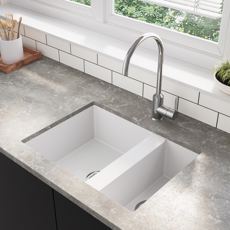 GRADE A1 - 1.5 Bowl Undermount White Granite Composite Kitchen Sink Reversible - Enza Madison