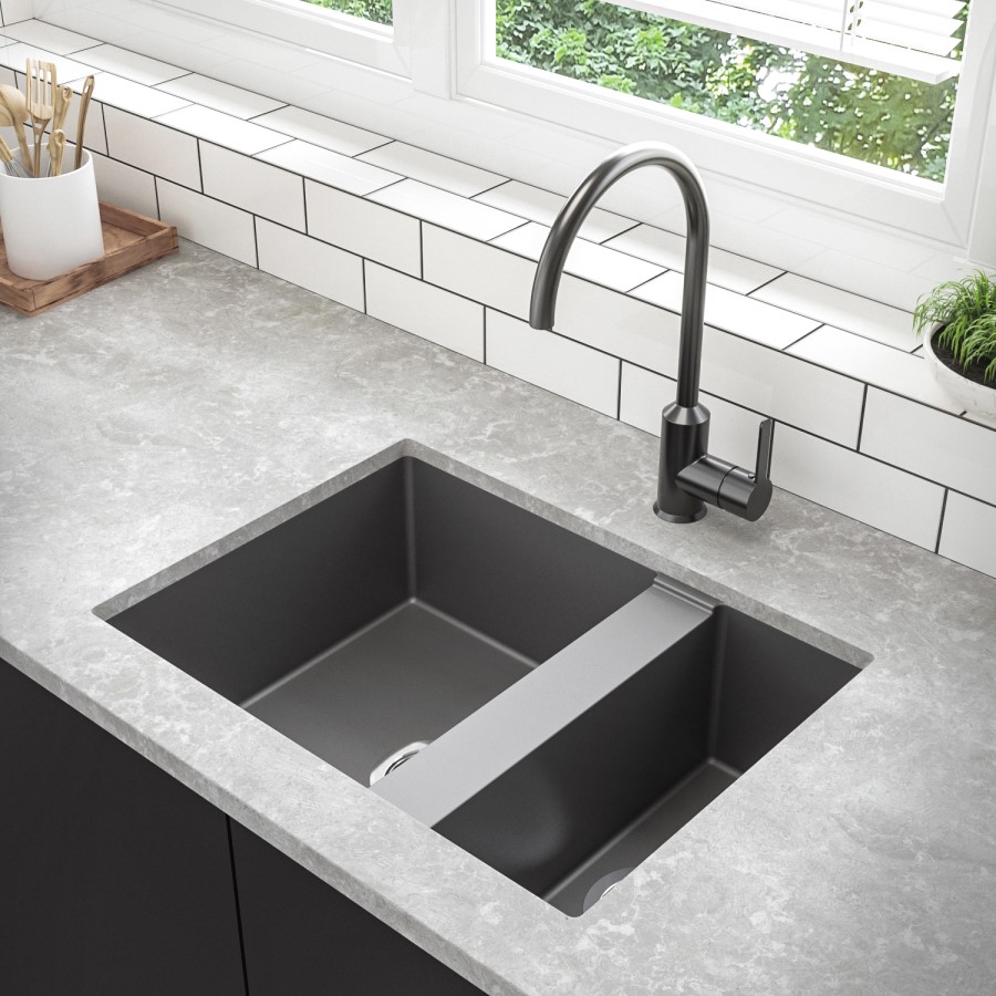 Refurbished Enza Madison 1.5 Bowl Undermount Grey Granite Composite Kitchen Sink Reversible