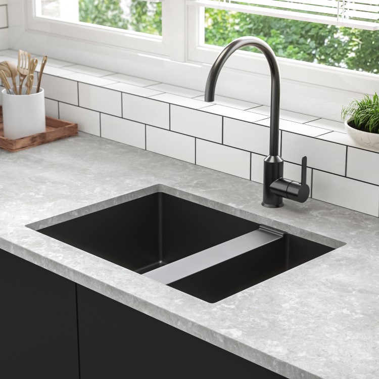 1.5 Bowl Undermount Black Granite Composite Kitchen Sink Reversible - Enza Madison