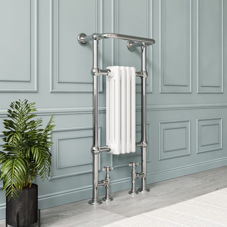 GRADE A1 - Chrome and White Traditional Heated Towel Rail Radiator 952 x 479mm - Regent