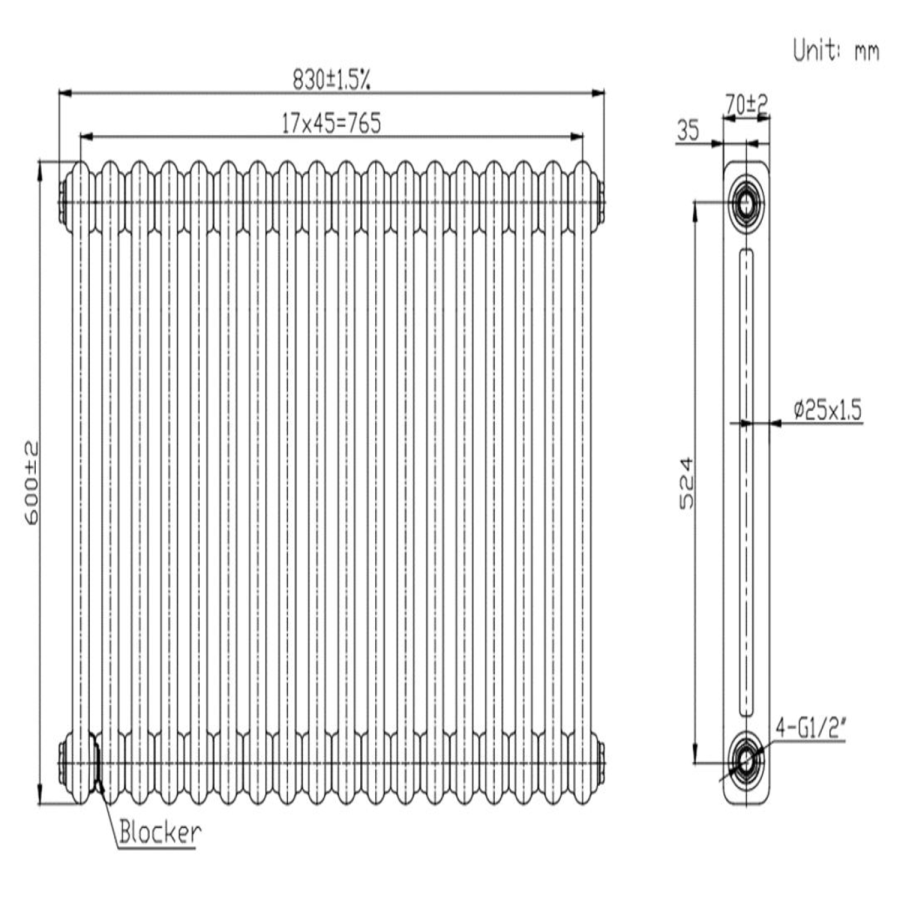 GRADE A2 - White Horizontal 2 Column Traditional Radiator 600 x 830mm - Nambi