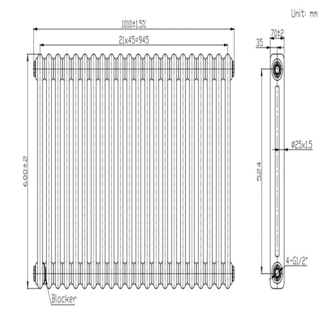 Anthracite Horizontal 2 Column Traditional Radiator 600x1010mm -Nambi