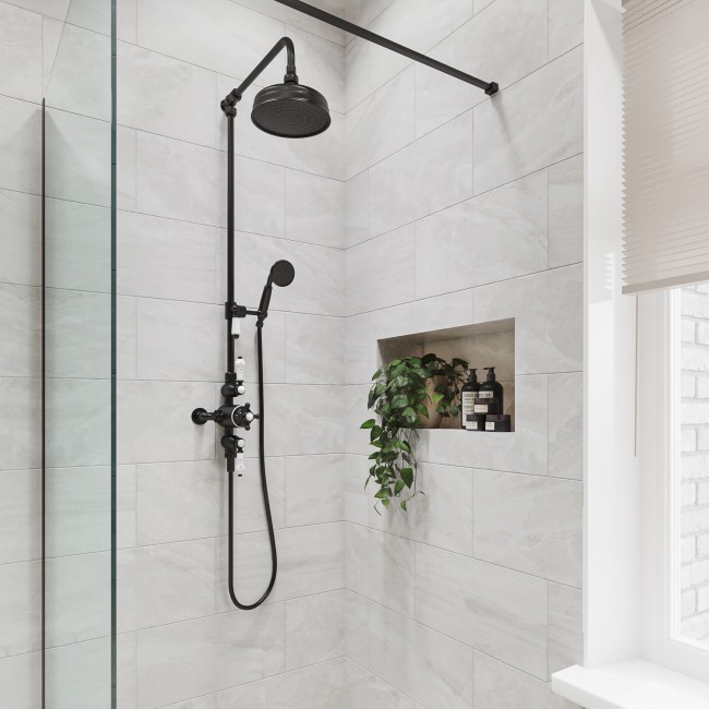 GRADE A1 - Traditional Exposed Thermostatic Shower Set Matt Black - Camden