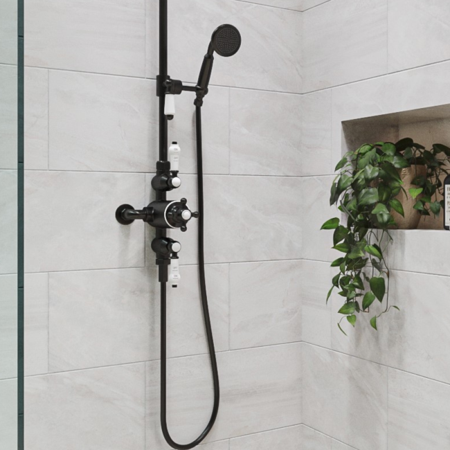 GRADE A1 - Traditional Exposed Thermostatic Shower Set Matt Black - Camden