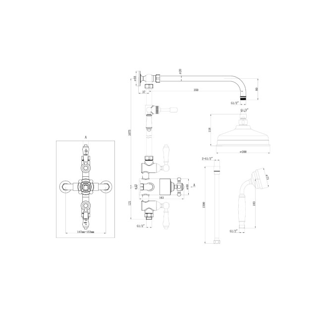 GRADE A1 - Traditional Exposed Thermostatic Shower Set Matt Black - Camden