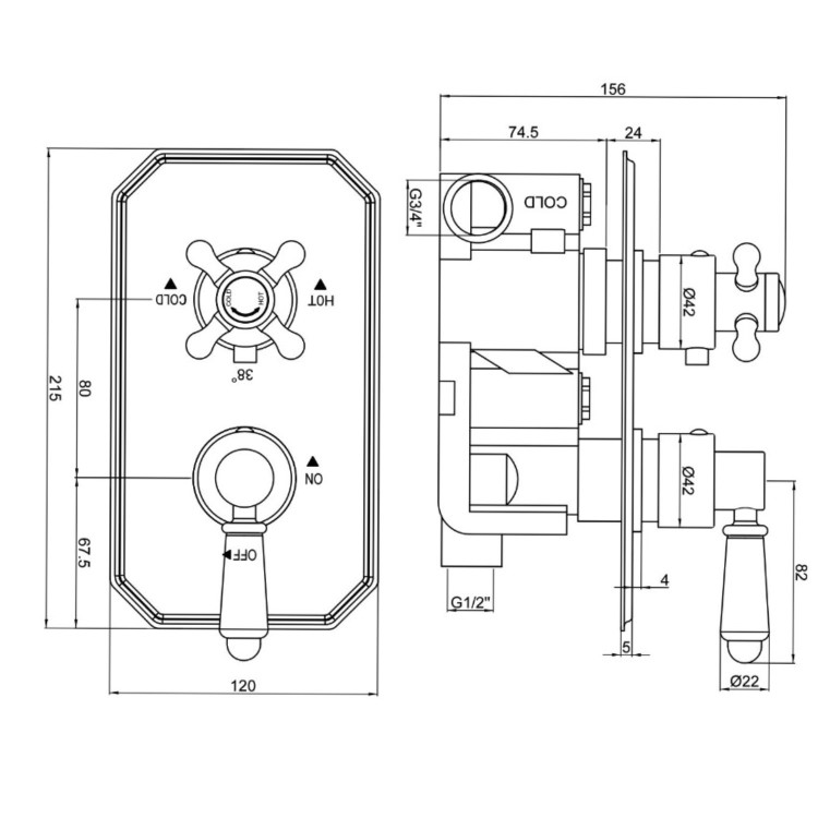 Chrome Traditional 1 Outlet Concealed Thermostatic Concealed Shower Valve with Dual Control - Cambridge