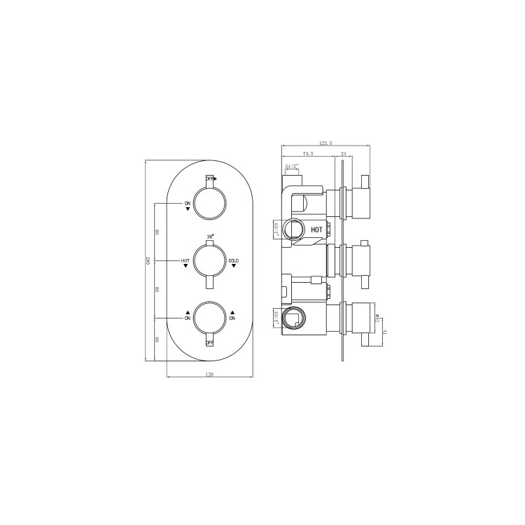 Flow round triple shower valve with diverter - 3 outlets