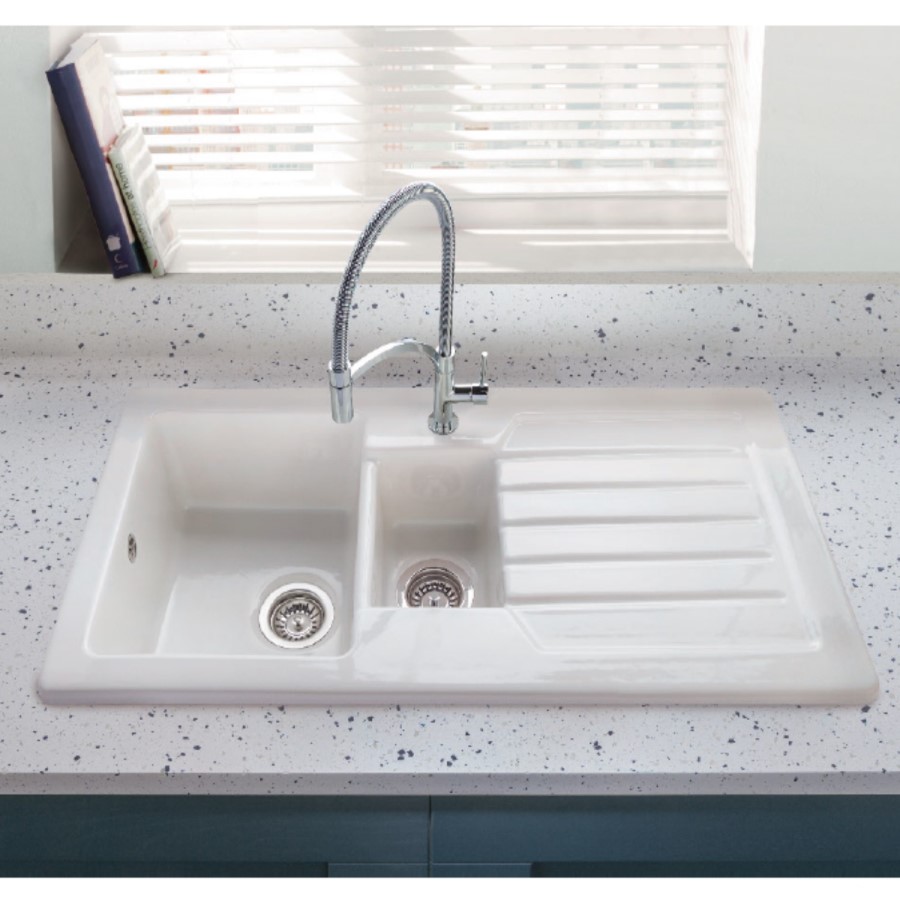 1.5 Bowl Inset White Ceramic Kitchen Sink with Reversible Drainer - Alexandra