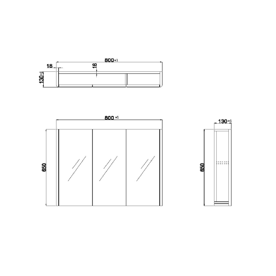 Triple Door Light Grey Mirrored Bathroom Cabinet 800 x 650mm - Pendle