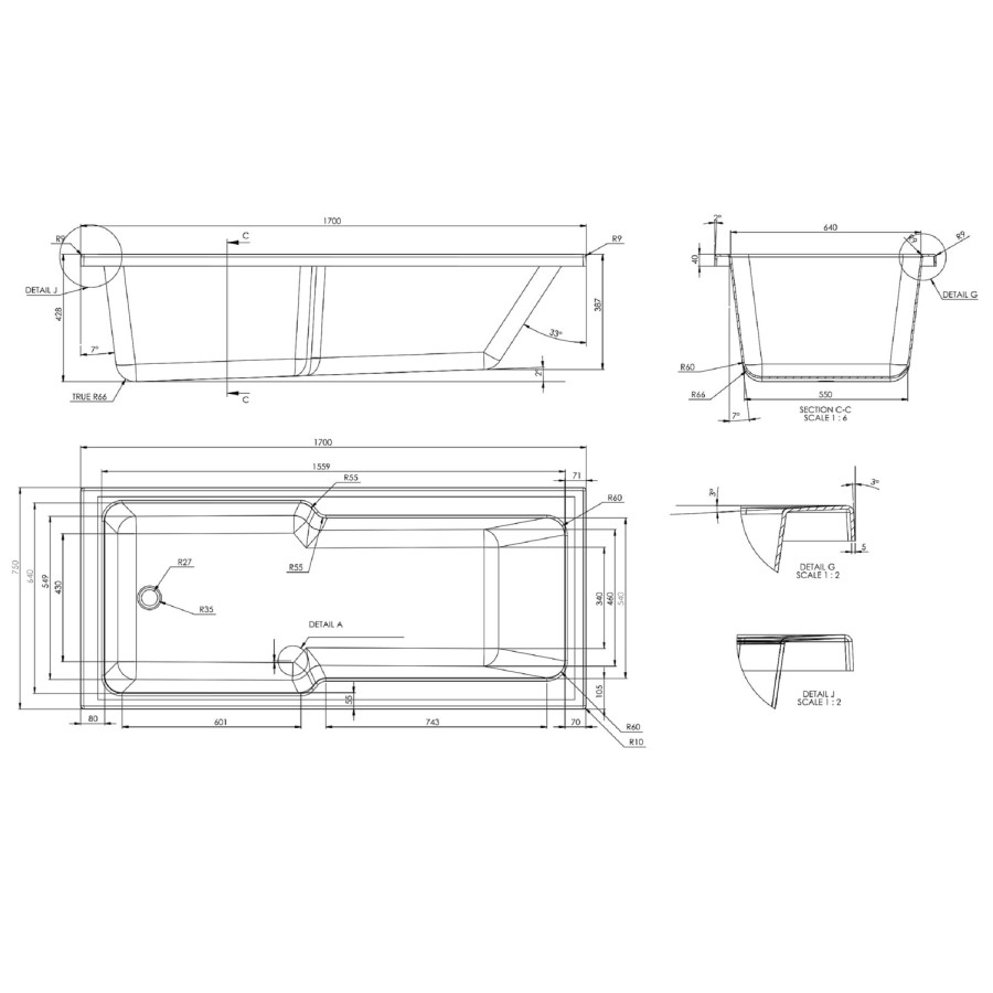 GRADE A1 - 1700 x 750 Cotswold Shower Bath