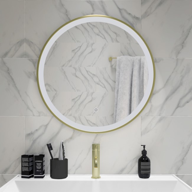 GRADE A1 - Round Brass LED Bathroom Mirror with Demister 600mm -Antares 