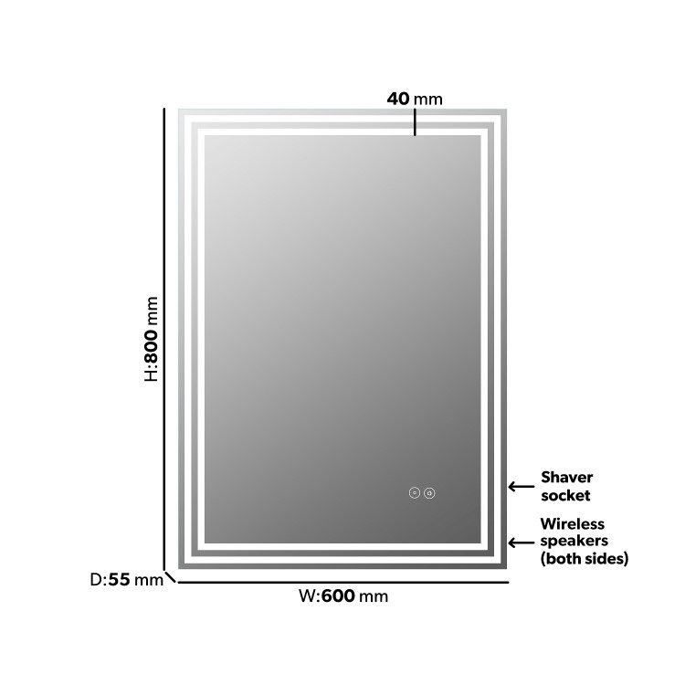 Rectangular Heated Bathroom Mirror with Lights & Wireless Speaker 600x800mm -Antila