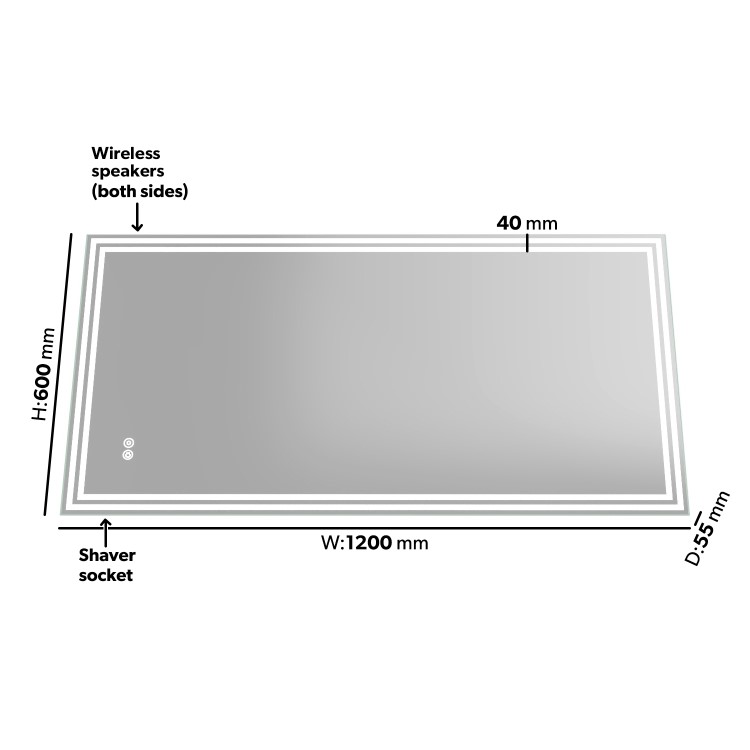 Rectangular Heated Bathroom Mirror with Lights & Wireless Speaker 1200x600mm -Antila