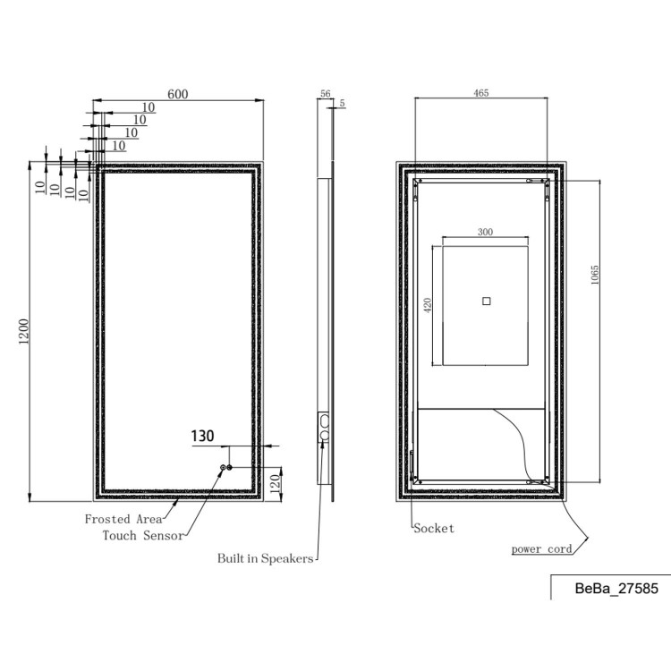 Rectangular Heated Bathroom Mirror with Lights & Wireless Speaker 1200x600mm -Antila