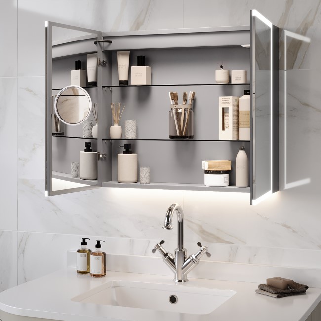 Double Door Chrome Mirrored Bathroom Cabinet with Lights, Bluetooth Speaker & Demister 800 x 700mm - Ursa