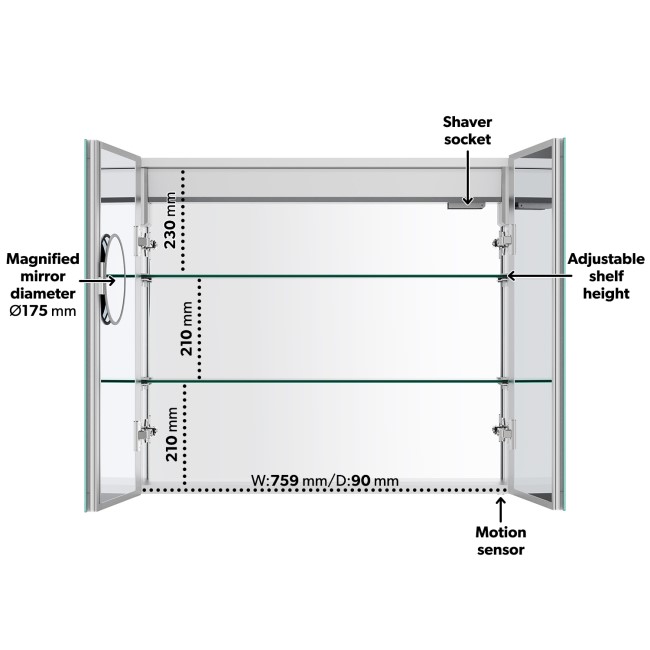 Double Door Chrome Mirrored Bathroom Cabinet with Lights, Bluetooth Speaker & Demister 800 x 700mm - Ursa