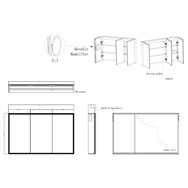 Double Door Chrome Mirrored Bathroom Cabinet with Lights, Bluetooth Speaker & Demister 1200 x 700mm - Ursa