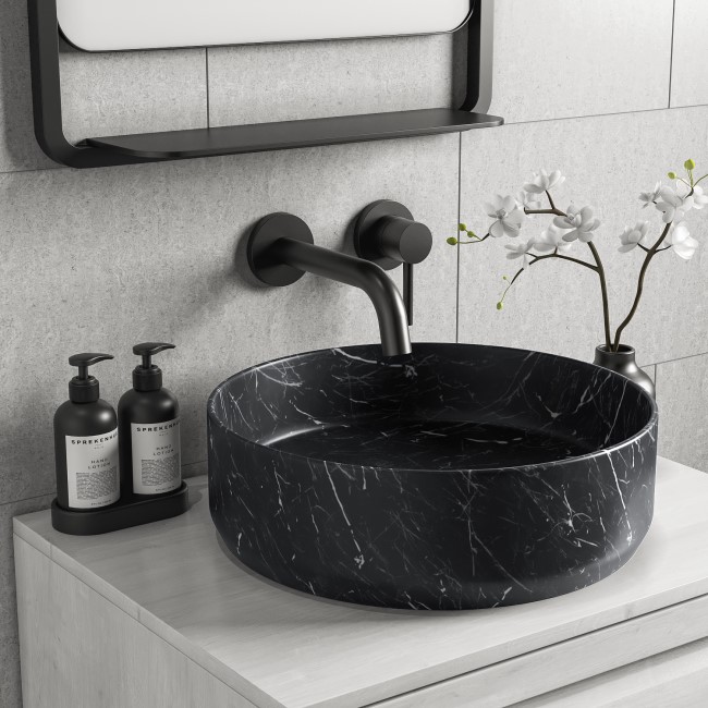 GRADE A1 - Marble Effect Black Round Countertop Basin 390mm - Lorano