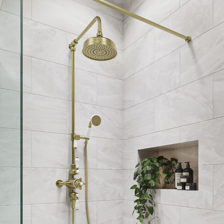 Brushed Brass Traditional Thermostatic Mixer Shower Set with Slide Rail Kit & Hand Shower - Camden