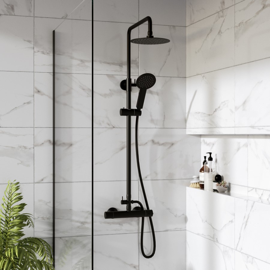 GRADE A1 - Black Thermostatic Mixer Bar Shower with Round Overhead & Handset - Arissa