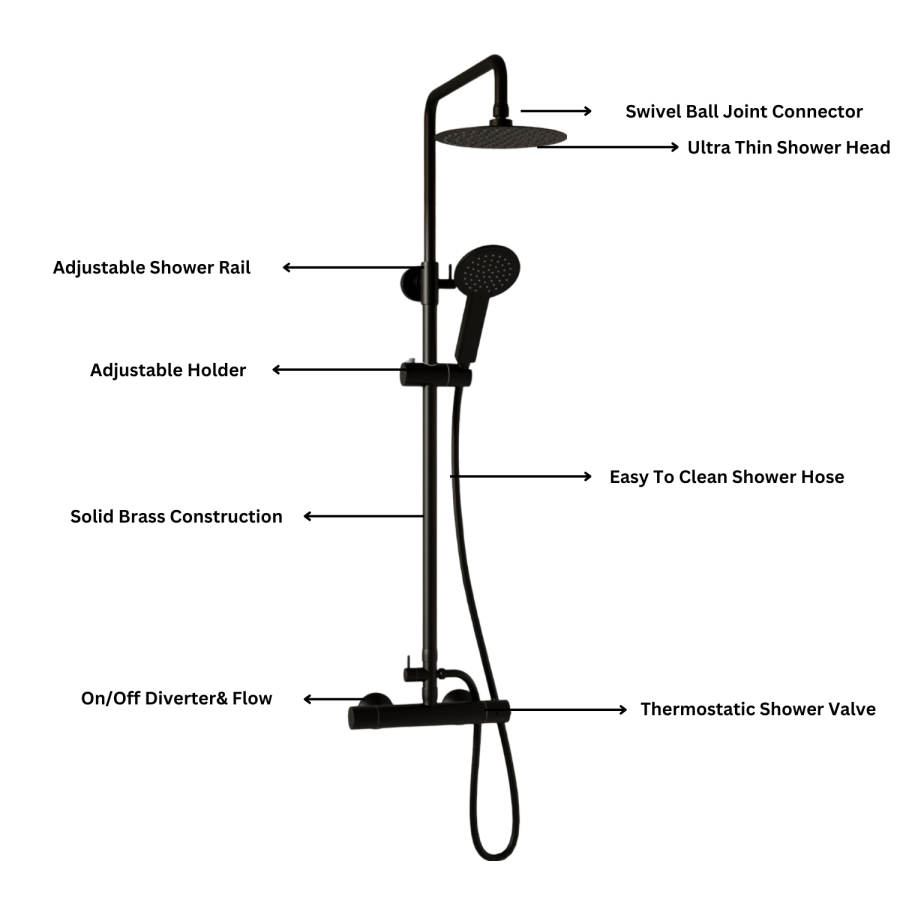 GRADE A1 - Black Thermostatic Mixer Bar Shower with Round Overhead & Handset - Arissa