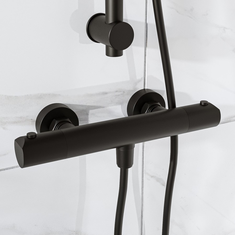 GRADE A1 - Black Thermostatic Mixer Bar Shower with Round Overhead & Handset - Arissa