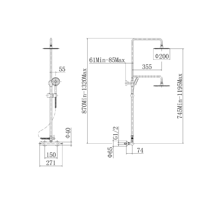 Black Thermostatic Bar Mixer Shower Set with Slide Rail Kit & Hand Shower - Arissa