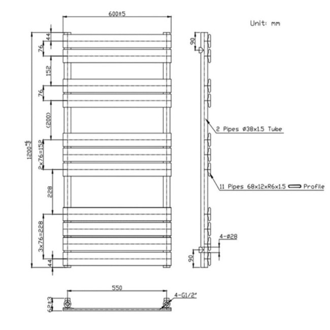 Black Towel Radiator 1200 x 600mm - Tundra