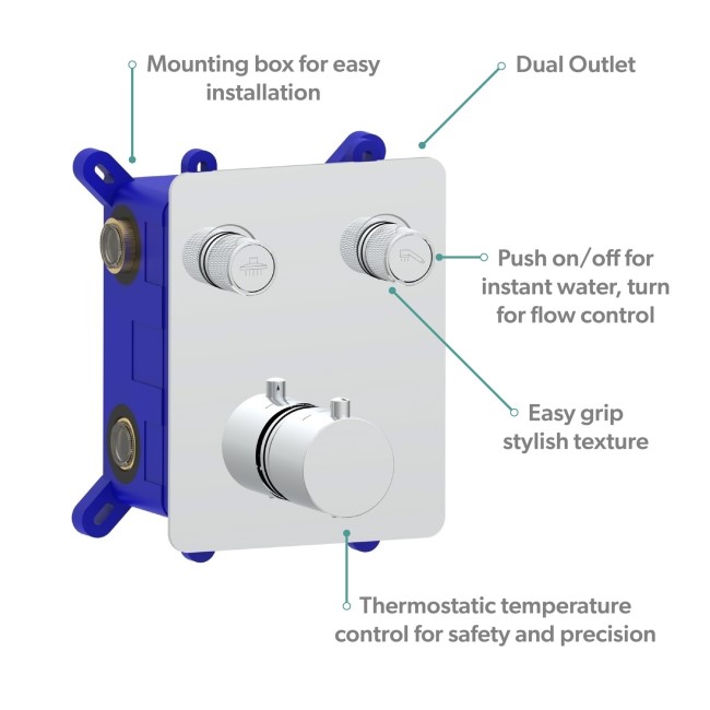 Chrome 2 Outlet Concealed Thermostatic Shower Valve with 2 Function Push Button - Vance