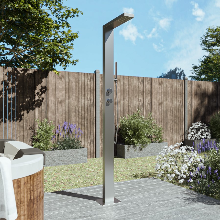 Chrome Thermostatic Mixer Outdoor Shower with Pencil Hand Shower 2 Outlets - Suva