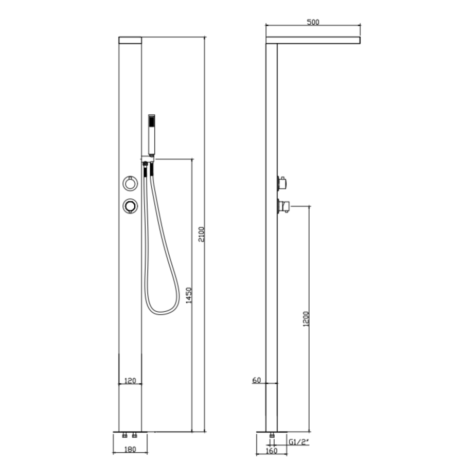 Chrome Thermostatic Mixer Outdoor Shower with Pencil Hand Shower 2 Outlets - Suva