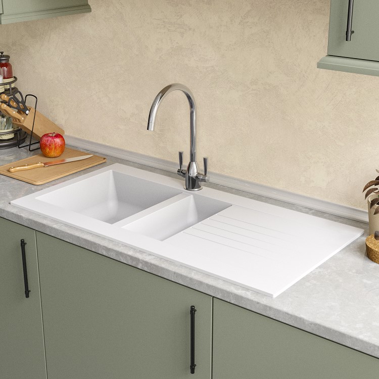 GRADE A2 - 1.5 Bowl White Composite Kitchen Sink with Reversible Drainer - Essence Amelia