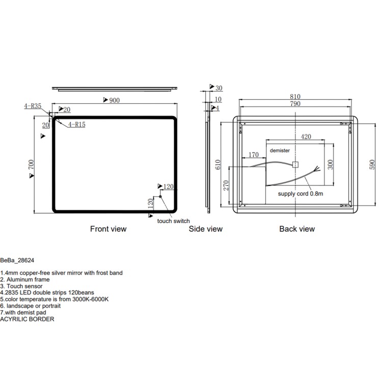 Rectangular Heated Bathroom Mirror with Lights 900 x 700mm - Ariel