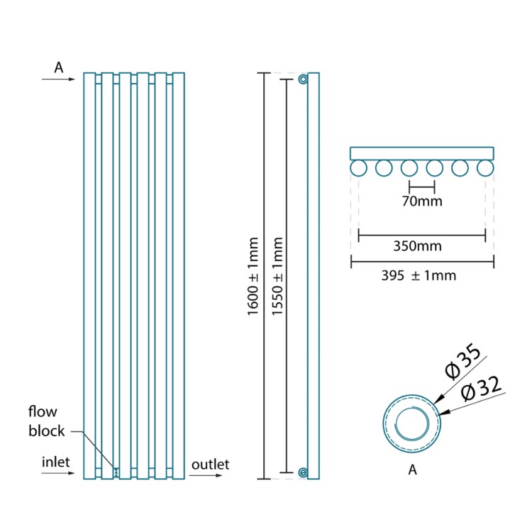 Langham Single Round Panel Chrome Vertical Radiator -  1600 x 395mm